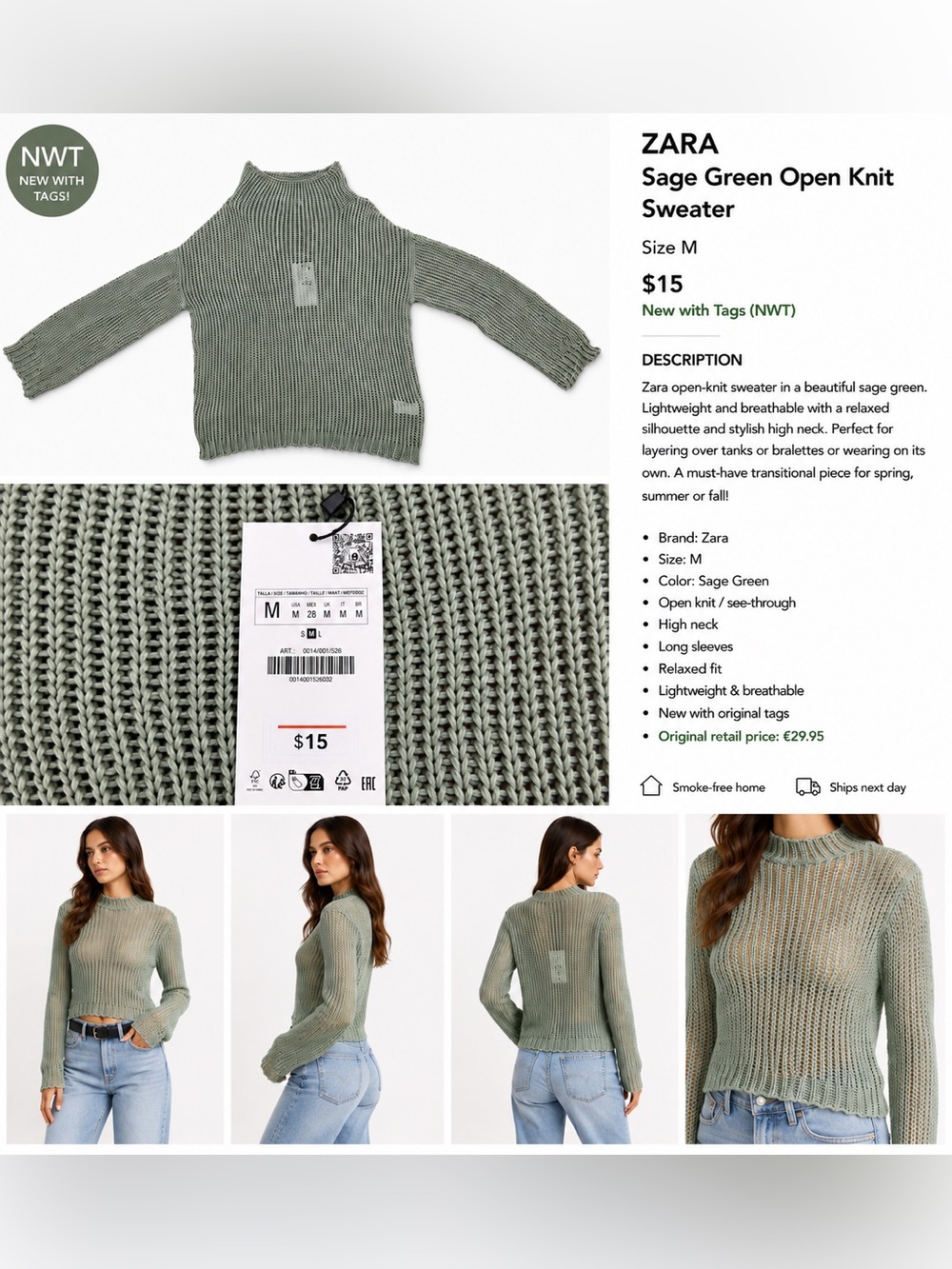 Zara Sage Green Open-Knit High Neck Sweater